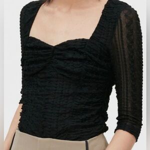 Ganni Black Stretch Lace Too Ruched Blouse Popover Sweetheart Neck Women XS